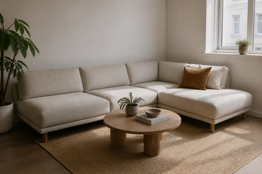 Modern compact apartment living room with a light-coloured modular sofa arranged in an L-shape in a corner, demonstrating space-saving design with short wooden legs and low-profile back, natural daylight from window