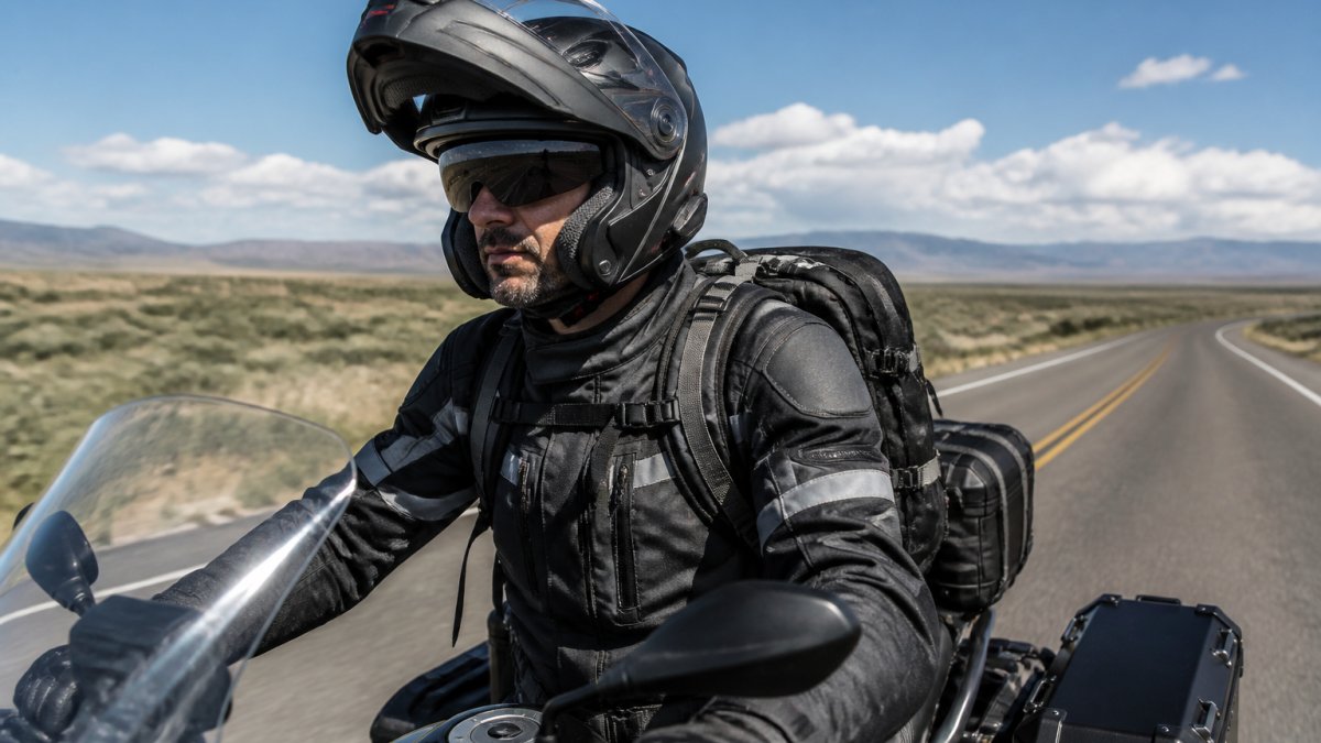 Rider in full touring gear on an open highway wearing a modular helmet with chin bar in the up position, showing the visor and integrated sun shade clearly visible, natural daylight on asphalt