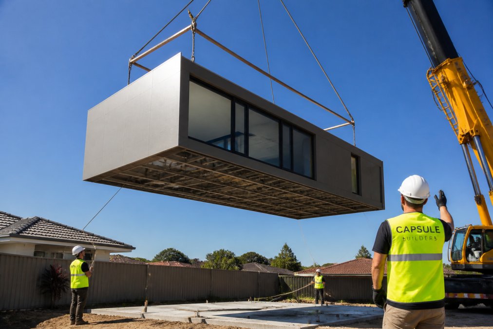 A modern steel-framed modular home being lowered onto a suburban Perth block by a crane, with builders in high-visibility vests guiding the structure into place against a clear blue sky