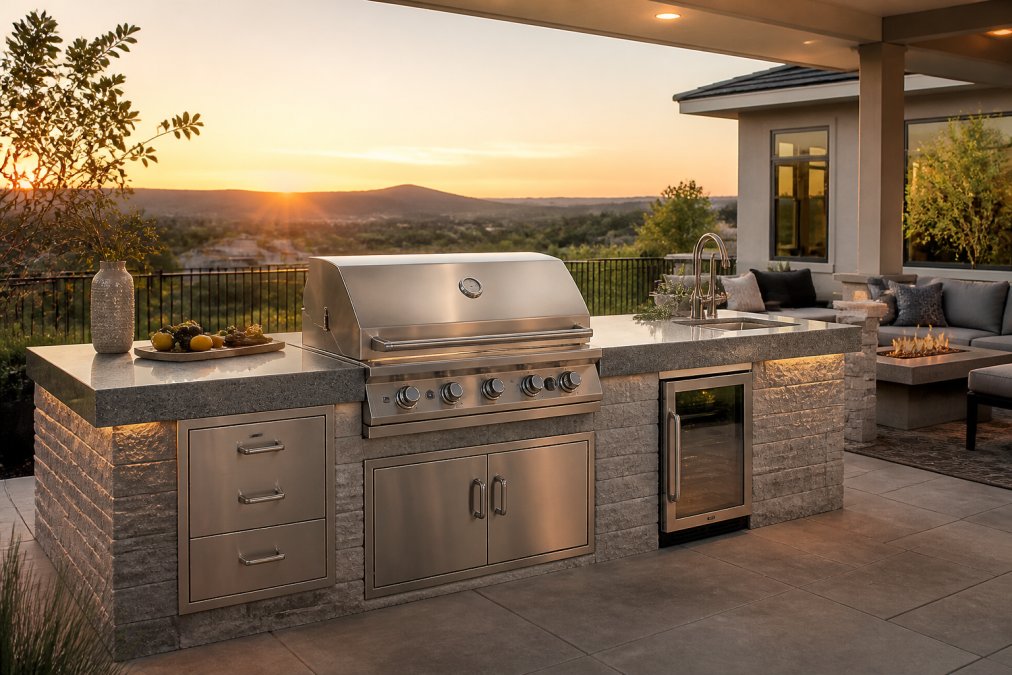 Modular outdoor kitchen with a stainless grill and stone countertop on a patio at golden hour