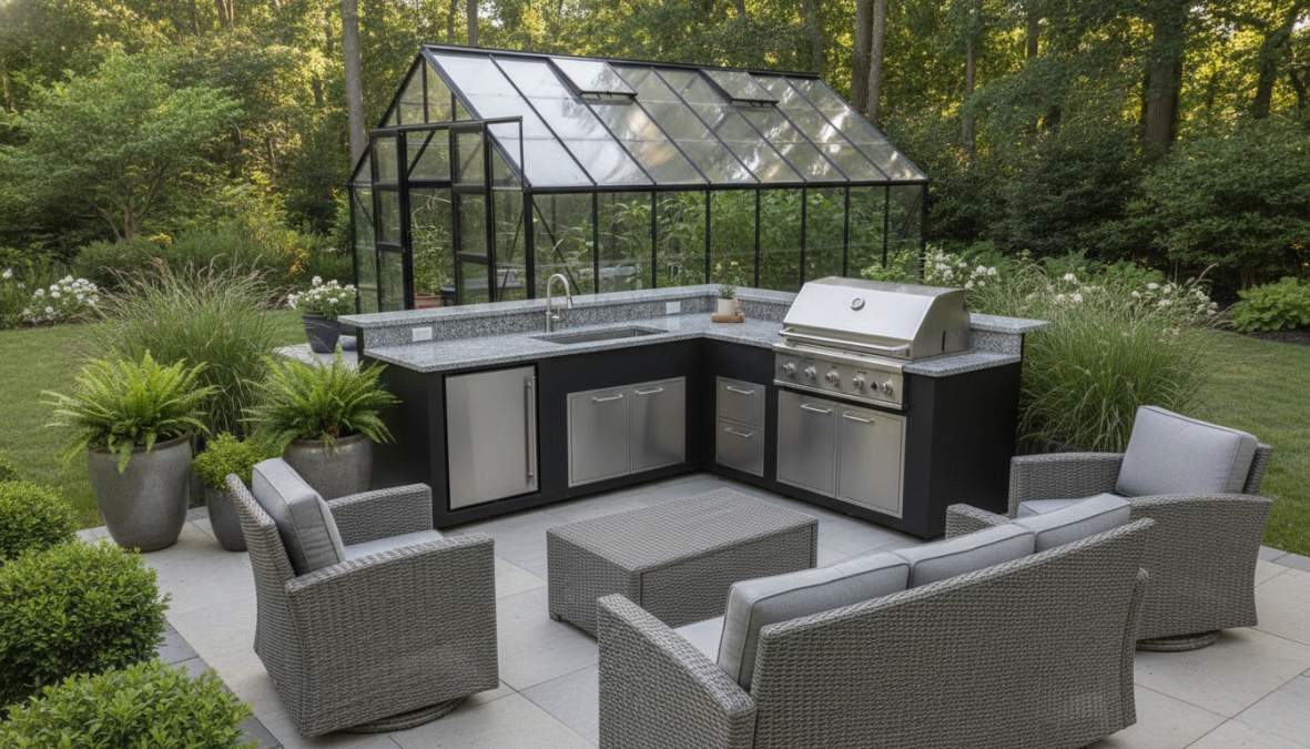Modern luxury backyard patio featuring a sleek stainless steel modular outdoor kitchen island with built-in 4-burner grill, integrated sink, wine cooler, and granite countertops, surrounded by comfortable seating and professional landscaping