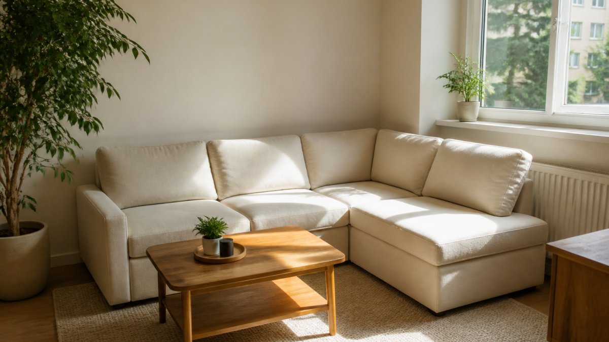Diagram showing how to arrange modular sofas in small apartments to maximize floor space and natural light.