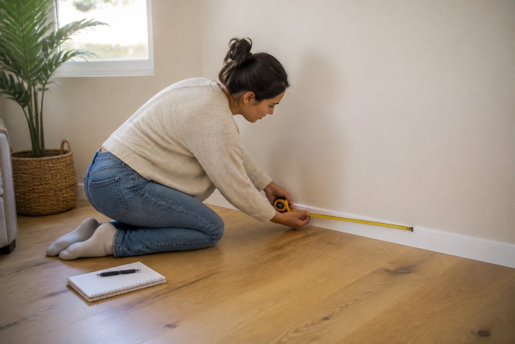 Person measuring a pale living room wall to ensure modular sofas will fit the space correctly