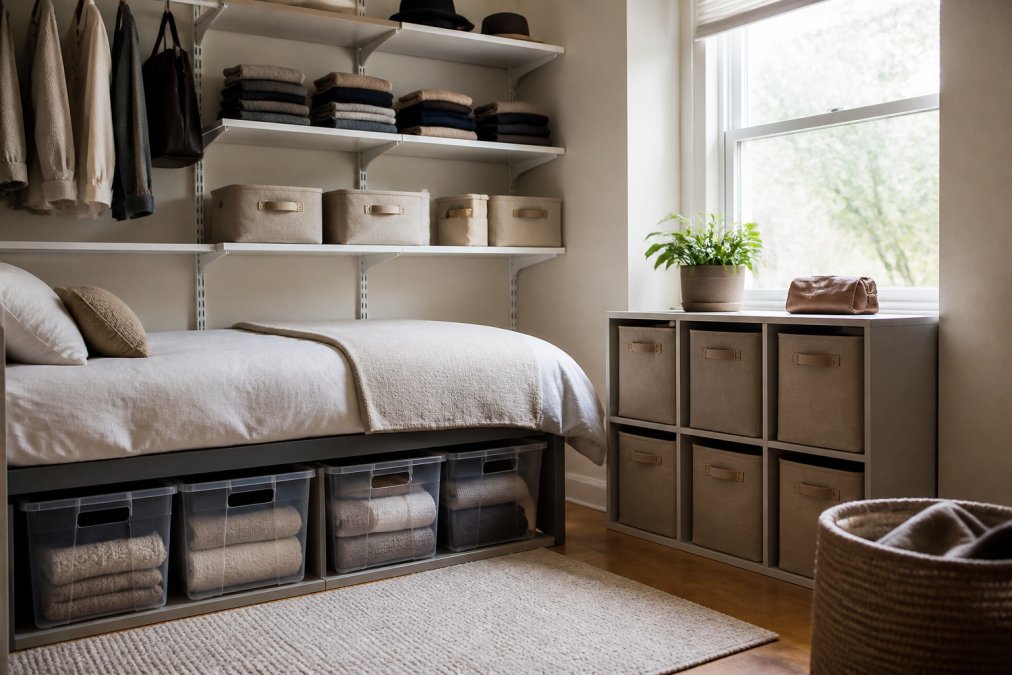 Compact apartment bedroom with stackable clear storage containers organized under a bed, modular shelf units on walls holding folded clothes and accessories, and labeled fabric bins in neutral tones, demonstrating efficient vertical and under-bed space use with natural window lighting