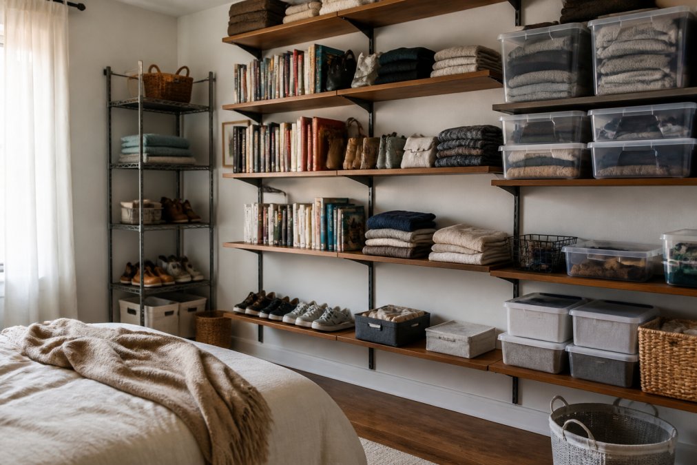 Small bedroom with floor-to-ceiling wall-mounted shelving units holding books, shoes, and household items, a freestanding vertical storage rack in corner with multiple tiers, and clear stackable containers on shelves, demonstrating comprehensive use of vertical space and wall real estate