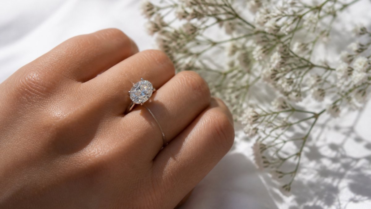 Close-up of a hand wearing a 2CT oval moissanite solitaire ring in sterling silver, soft natural light catching the stone's rainbow fire against a neutral background