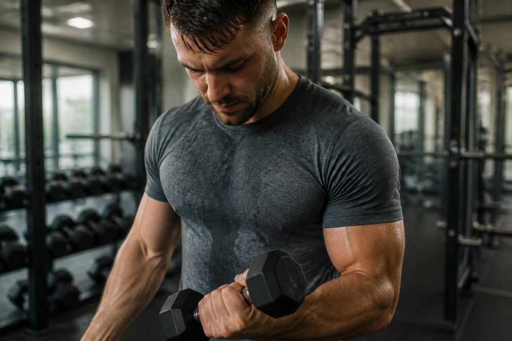 Person wearing a well-fitted moisture-wicking cotton blend shirt during an intense gym workout, sweat visible on the chest and shoulders, demonstrating proper fit around shoulders and torso with fabric hugging the body without restricting movement