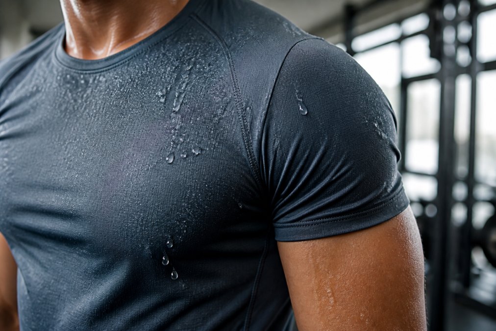 Close-up of athlete's torso during intense training session, sweat beading and rolling off polyester performance fabric surface, natural gym lighting