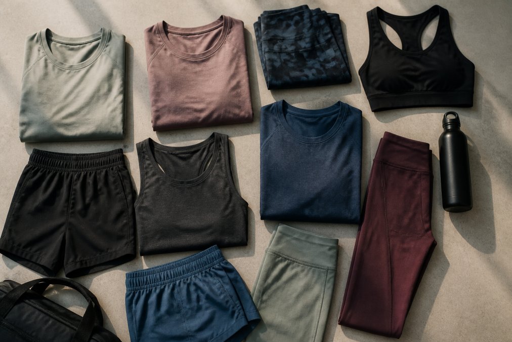 Flat-lay arrangement of folded moisture-wicking workout pieces including shorts, tank tops, and leggings in various colors on neutral background with natural lighting