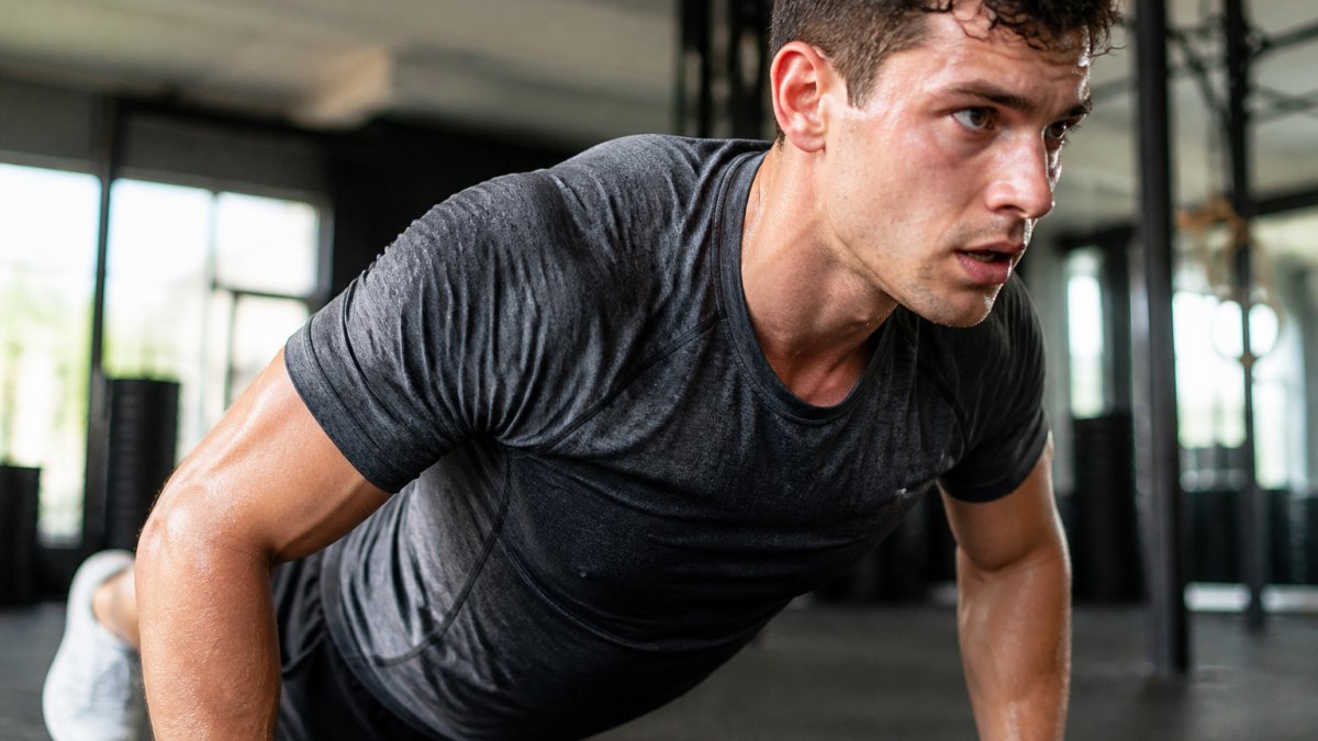 Athlete in moisture-wicking workout gear mid-intense exercise, visibly perspiring, showing fabric clinging to body with sweat visible on the material, in bright gym lighting