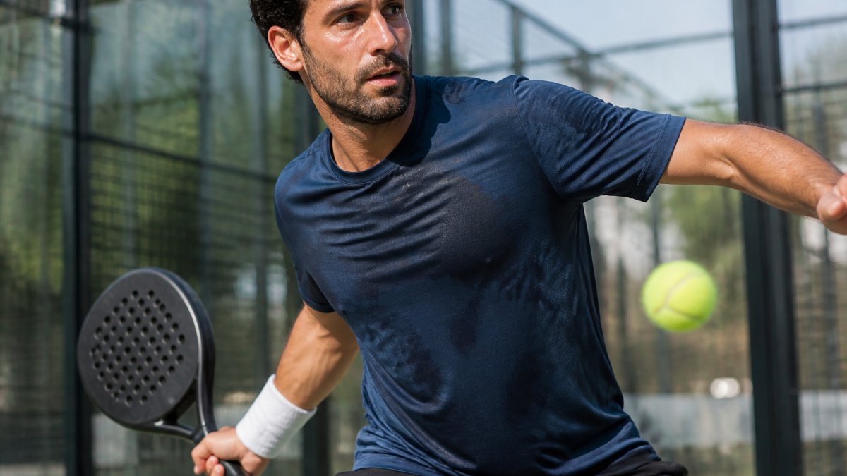 Professional padel player mid-rally wearing high-performance moisture-wicking activewear, visible sweat on fabric, intense court action with natural outdoor lighting