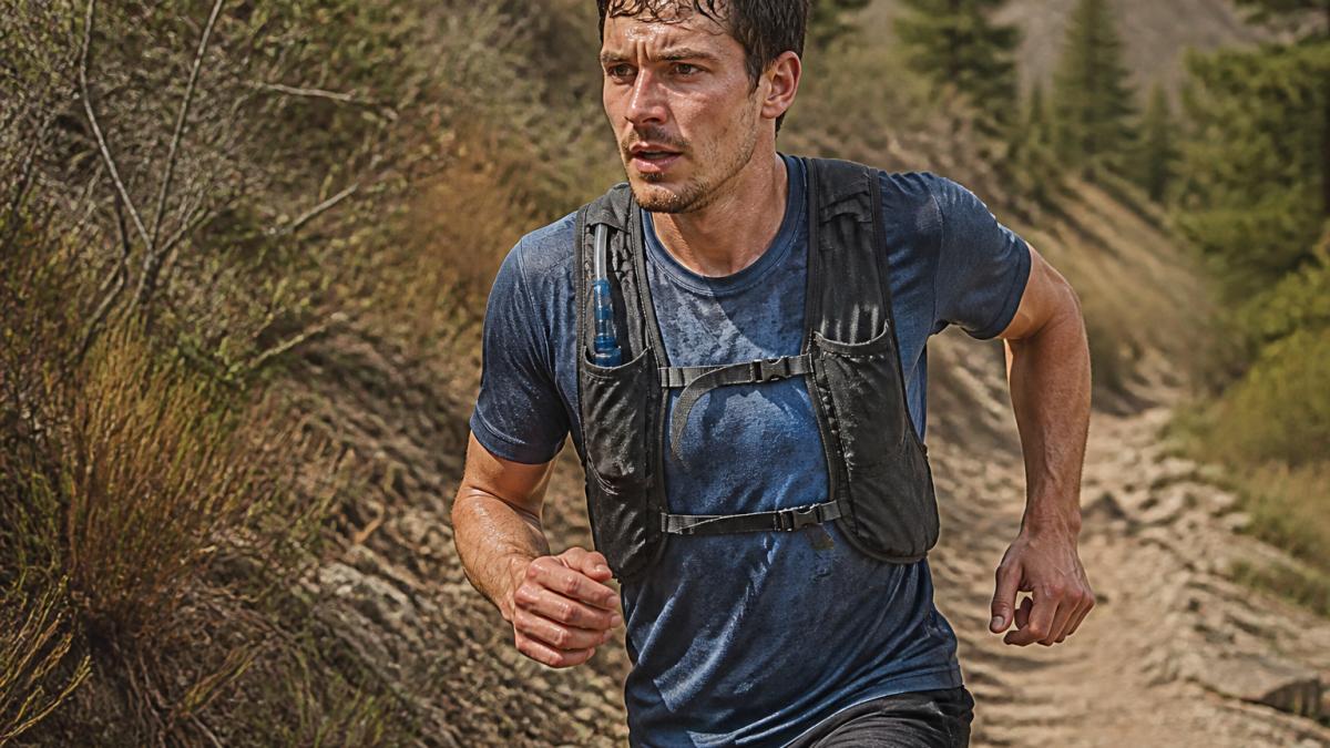 Trail runner in a technical shirt and hydration vest navigating a rocky path while sweating