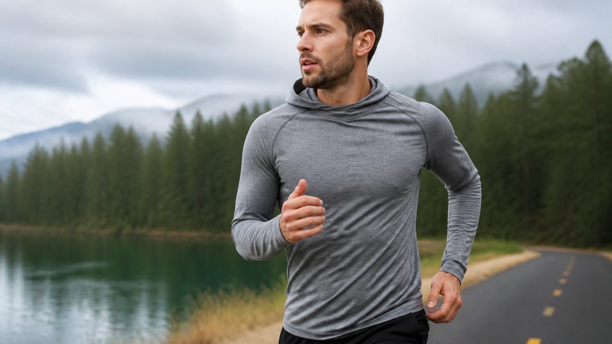 Person wearing a moisture-wicking workout hoodie during an outdoor run, visibly active with natural lighting showing the fabric's performance in real conditions