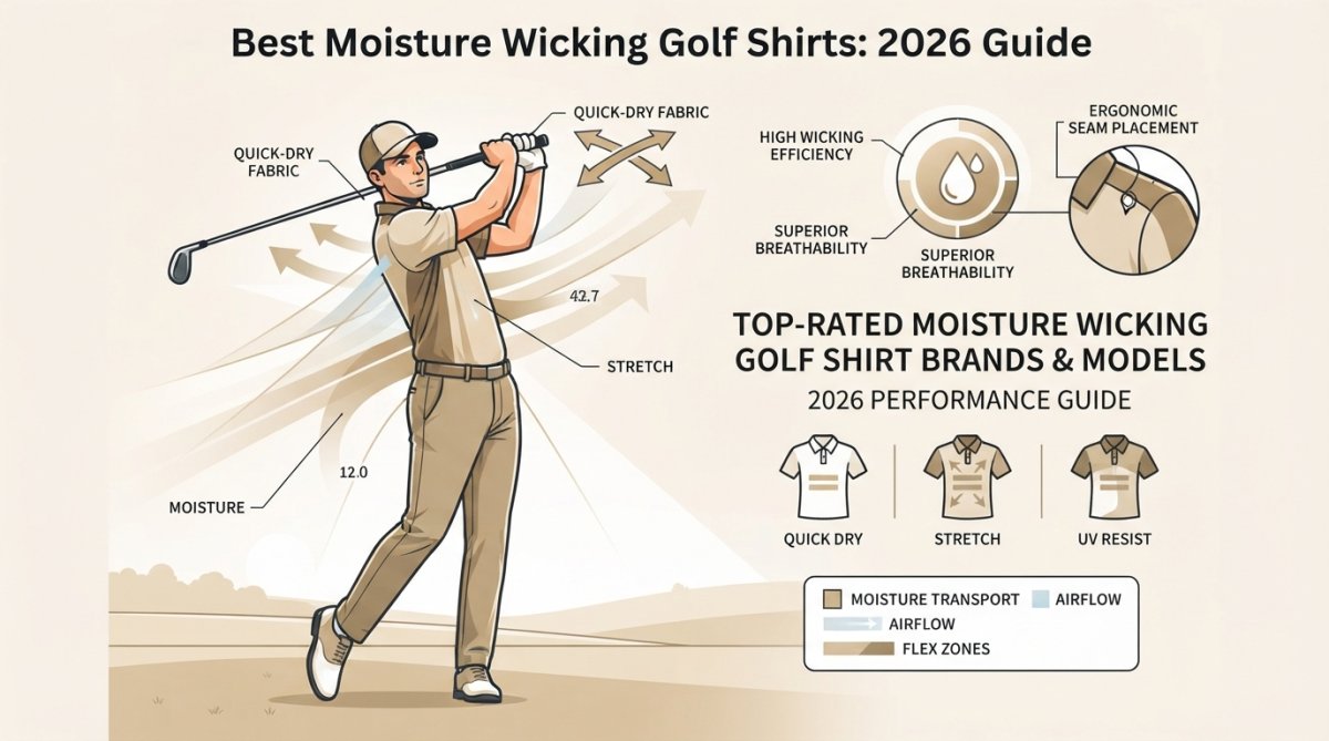Golfer in moisture-wicking polo shirt mid-swing on sunny golf course, showing comfort and unrestricted arm movement with clear blue sky