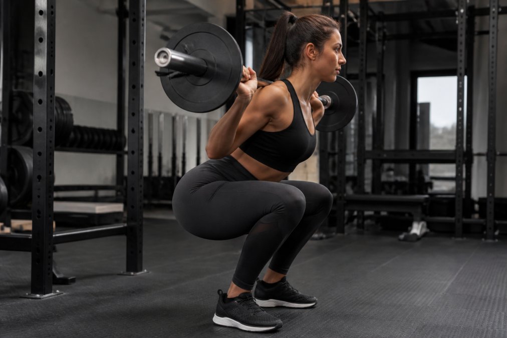 Woman performing a deep squat in high-waisted moisture-wicking leggings at a gym, demonstrating secure fit and squat-proof coverage during the movement