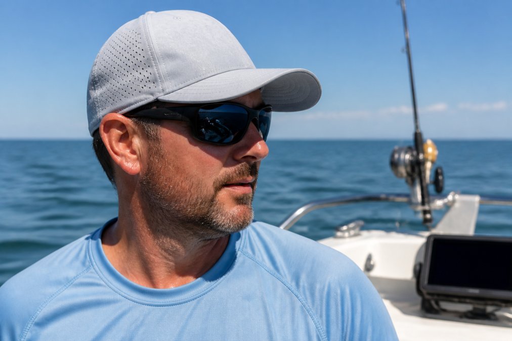 Angler wearing a moisture-wicking boating hat during bright sunny conditions on a boat, sweat visible on forehead, demonstrating the hat's breathable fit and quick-dry performance in action