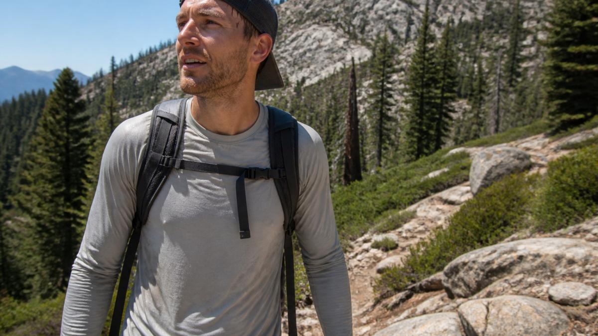 Hiker wearing a lightweight long-sleeve shirt on a sunny mountain trail with pine trees in the background