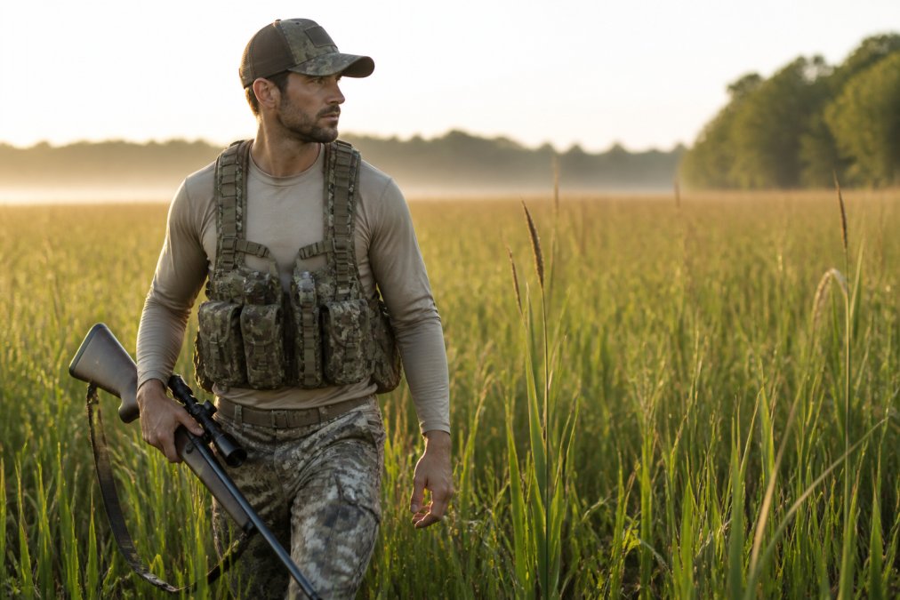 Hunter in early morning light moving through tall grass wearing lightweight base layers and tactical vest, rifle in hand, demonstrating real-world application of moisture-wicking gear in warm field conditions