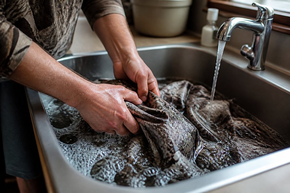Close-up of hands carefully washing technical hunting apparel in cool water, demonstrating proper cleaning technique for moisture-wicking fabrics to preserve performance and extend gear lifespan