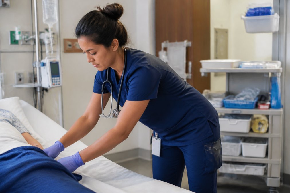 Nurse in moisture-wicking scrubs actively providing patient care in a busy hospital room, bending and reaching while maintaining comfort and dry fabric throughout the shift