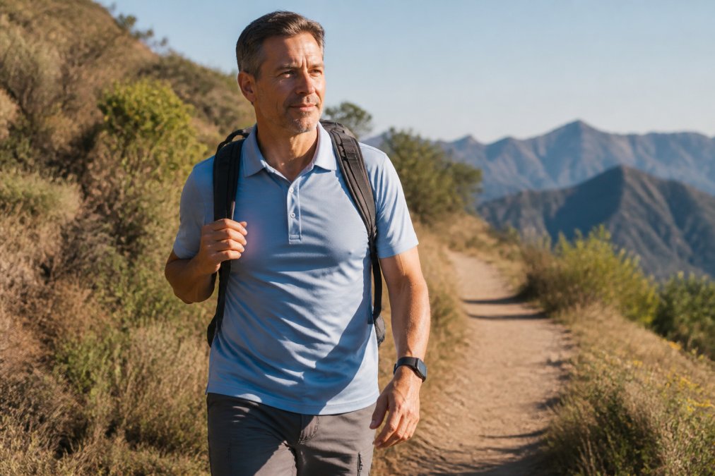 Hiker wearing one of the best moisture wicking outdoor shirts 2026 while trekking on a sunny mountain trail