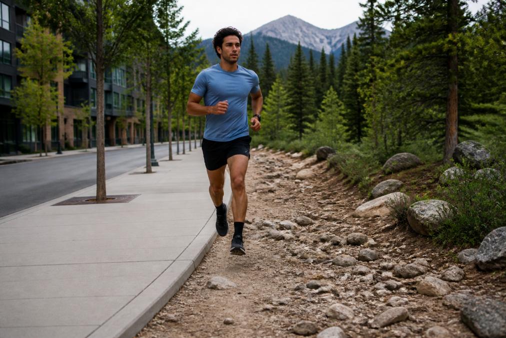 Runner in moisture-wicking shirt transitioning from smooth urban street pavement to rocky mountain trail terrain, showing contrast between concrete sidewalk and natural trail surface with forest backdrop