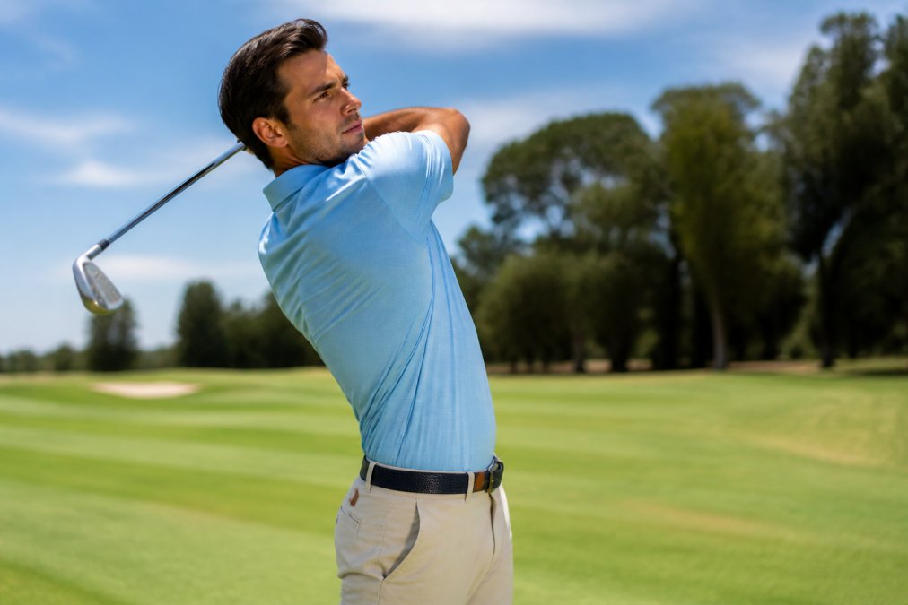 A male golfer mid-swing on a sunny green fairway wearing a fitted light-blue performance polo shirt, bright natural lighting catching the lightweight fabric in motion as the club reaches full extension