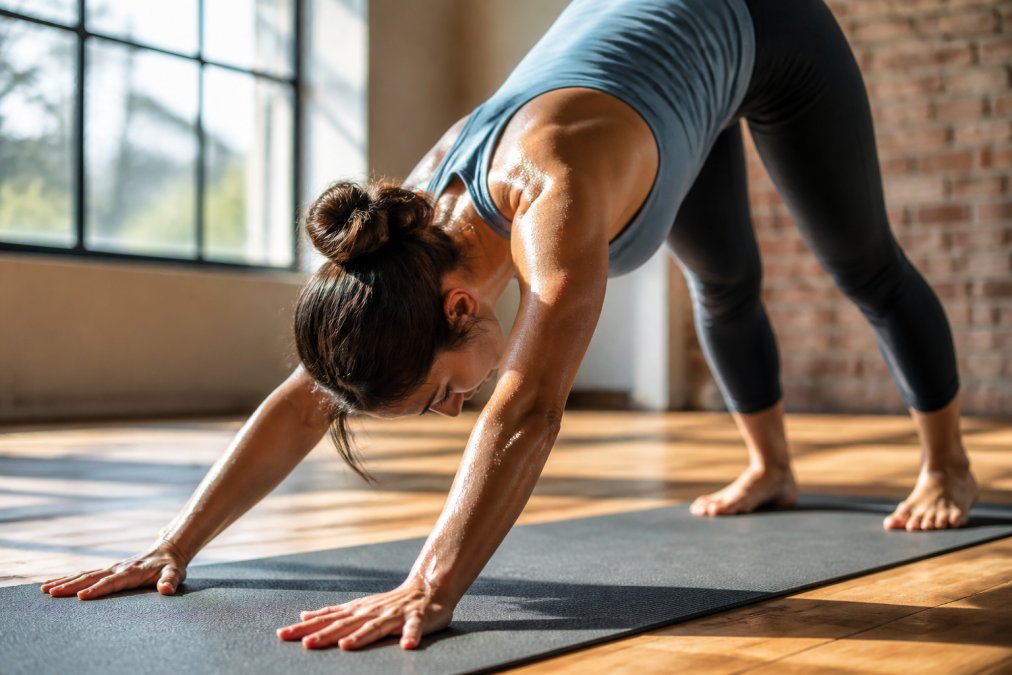 Yogi in a moisture-wicking tank top performing downward dog pose in a bright, warm studio with visible perspiration on skin and focused expression