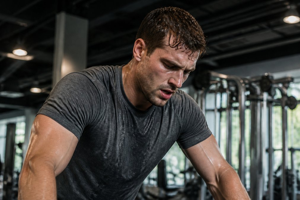Male athlete in high-intensity workout wearing moisture-wicking performance shirt, visibly sweating during intense training session in modern gym with bright overhead lighting