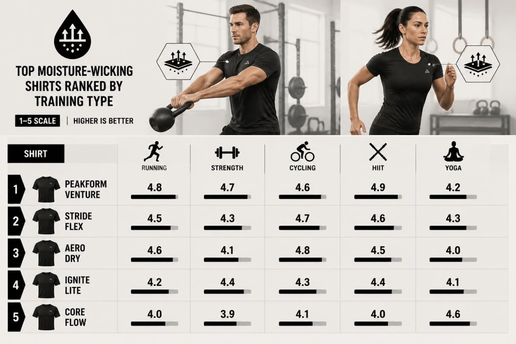 Male and female athletes wearing fitted performance training shirts mid-workout in a bright, open gym, both actively exercising, shirts showing no visible sweat saturation, natural overhead lighting