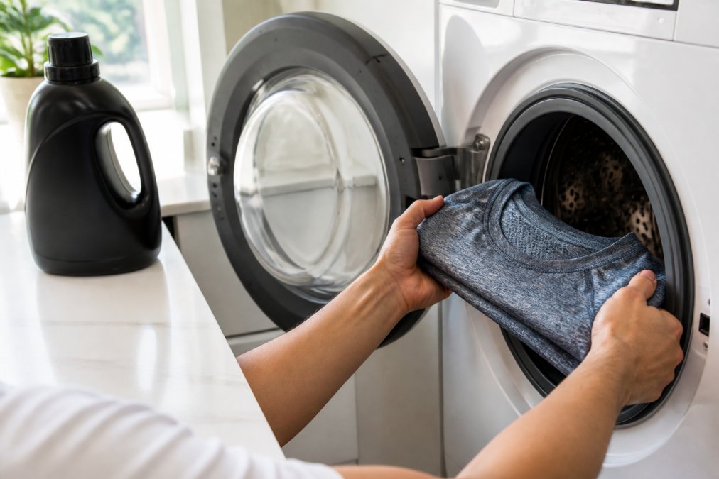 Close-up of hands placing a neatly folded moisture-wicking athletic shirt into a front-load washing machine, a bottle of sport-specific laundry detergent visible on a clean white countertop nearby, bright natural lighting