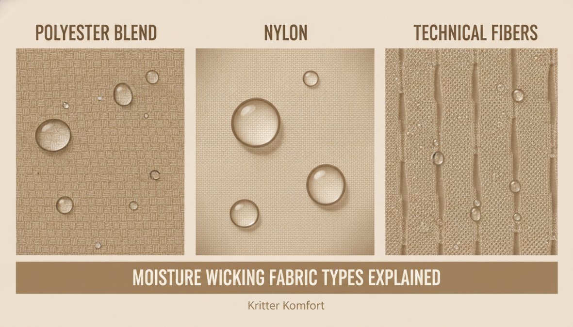 Close-up of different synthetic fabric textures side-by-side showing polyester blend, nylon, and technical fibers with water droplets demonstrating moisture beading on the surface