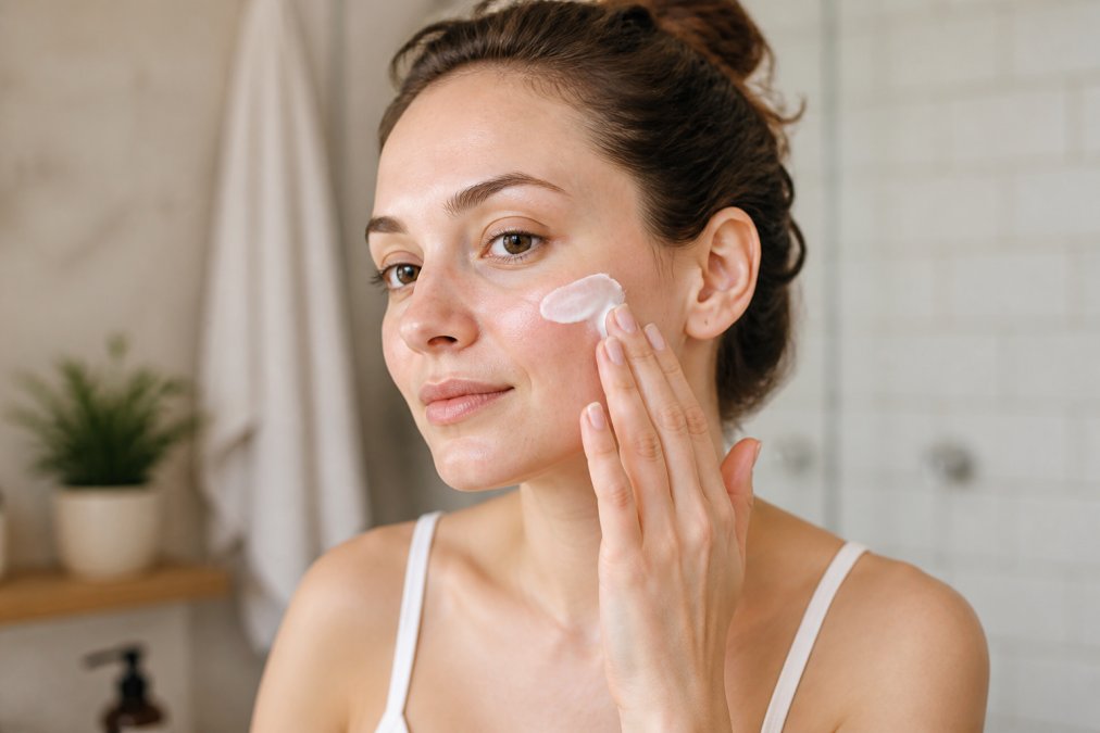 A woman with sensitive skin gently applying a white moisturiser cream to her cheek in a bright, minimalist bathroom setting, looking calm and comfortable