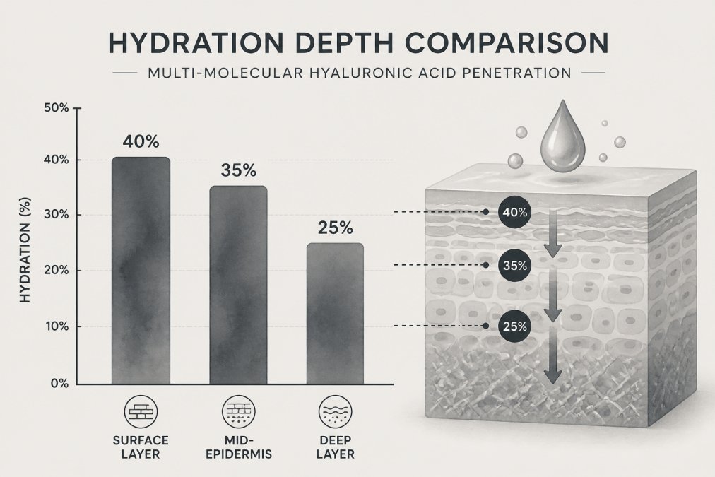 Watercolor bar chart showing hydration depth comparison: Surface layer 40%, Mid-epidermis 35%, Deep layer 25% for multi-molecular hyaluronic acid penetration
