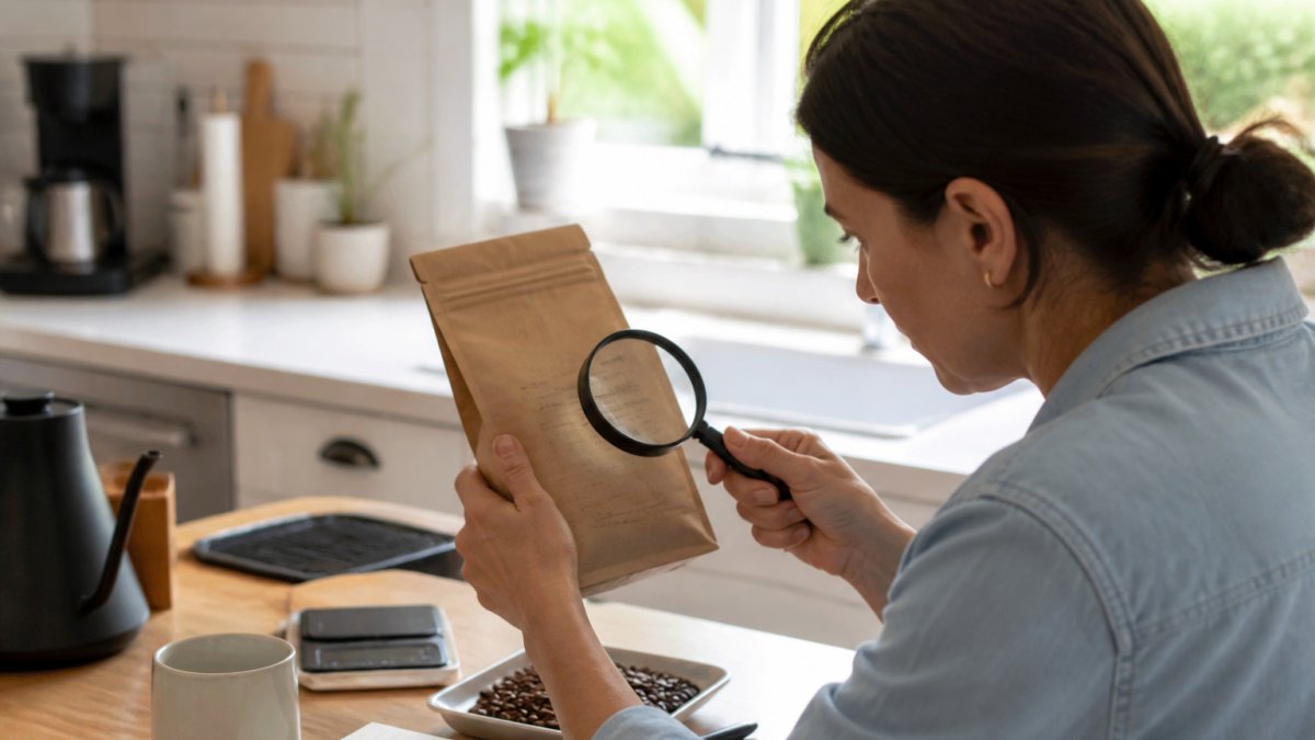 A person examining a coffee bag label with a magnifying glass in a bright kitchen, focusing on testing claims and roast date