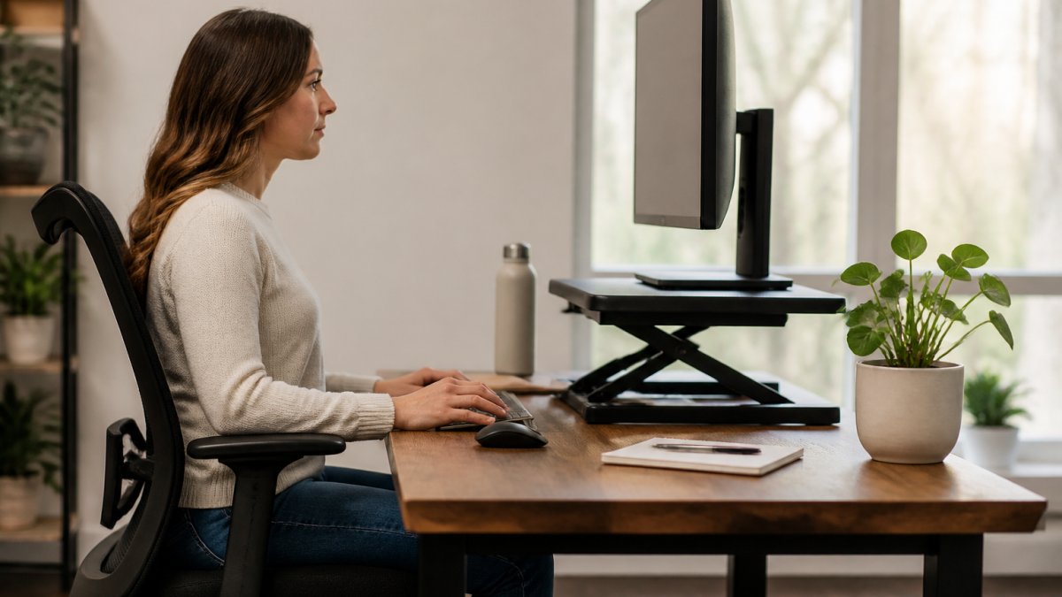 Professional working at ergonomic desk setup with monitor at eye level, proper arm's-length distance, neutral spine alignment, and correct posture during extended work session in bright office environment