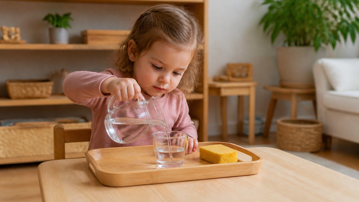 Step-by-step guide for Montessori activities showing a toddler pouring water into a cup at a wooden table.