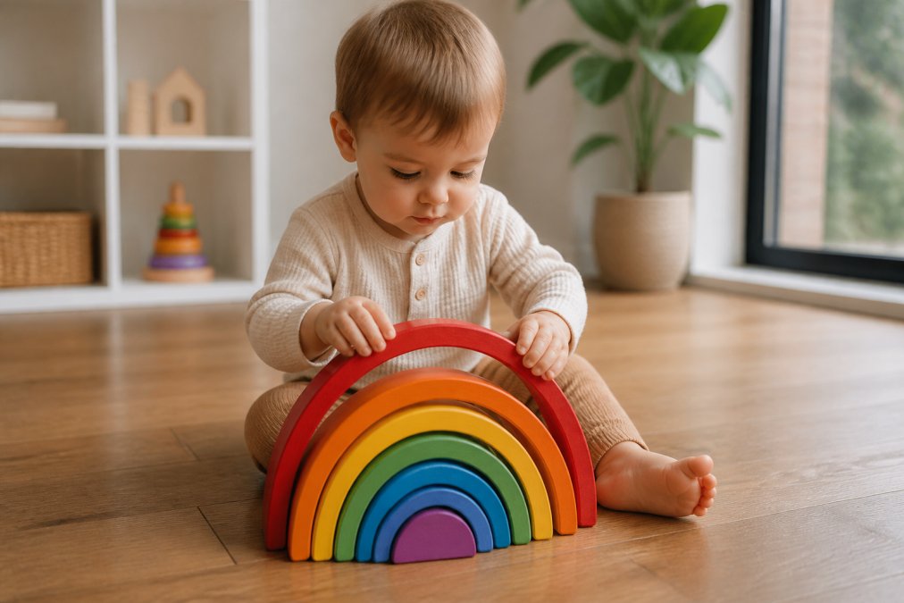 A 1-year-old toddler sitting on a warm wooden floor, carefully stacking colorful wooden rainbow arches with both hands, soft natural light coming through a nearby window, a minimal white nursery shelf visible in the background