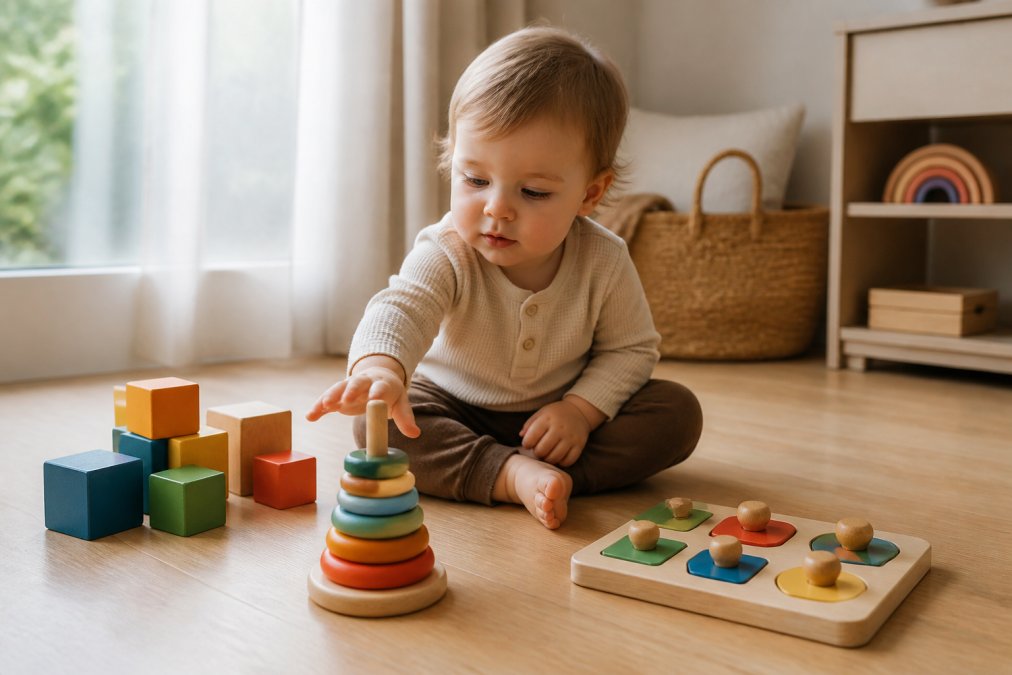 A toddler sitting cross-legged on a light timber floor reaching toward a set of colourful wooden stacking rings, with nesting blocks and a knob puzzle arranged nearby in soft natural window light