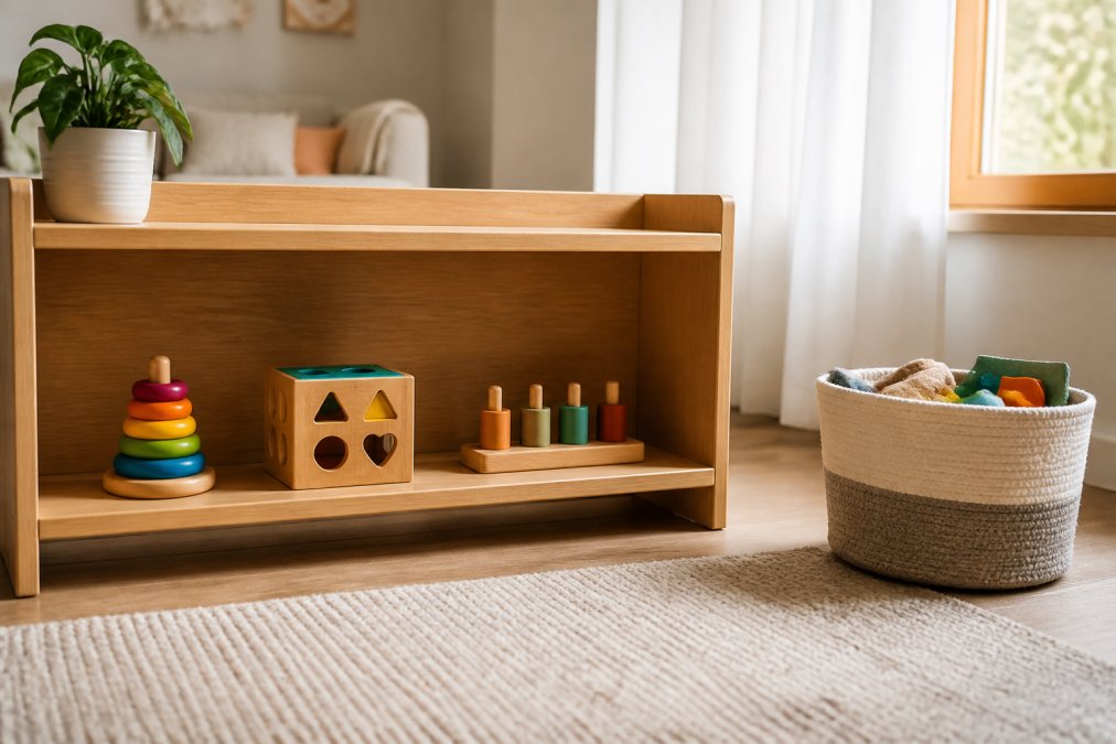 A tidy low wooden shelf with three colorful Montessori wooden toys neatly arranged at toddler eye level in a small minimalist living room, a woven fabric storage basket beside it holding toys out of rotation, warm afternoon light through a window