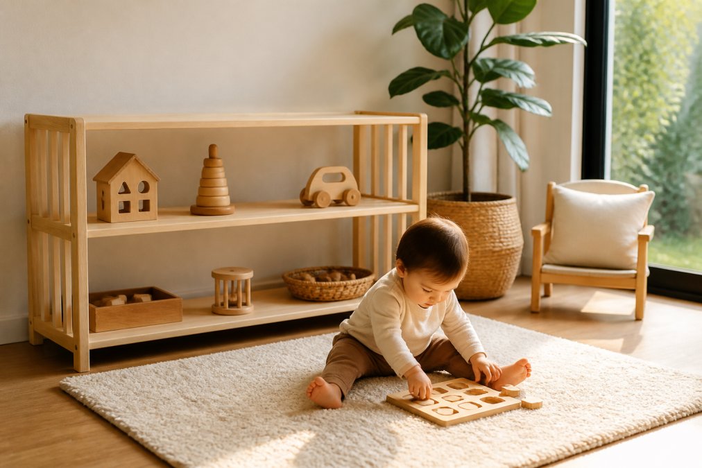 A minimalist children's play corner with a low open-slatted wooden shelf holding five or six wooden toys at child height, a soft cream wool rug on a timber floor, and a toddler sitting independently exploring a wooden shape puzzle in warm afternoon light