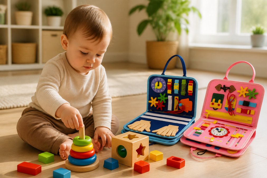 Toddler seated on light wooden floor engaged with colourful wooden stacking toys and shape-sorting blocks, natural daylight streaming through windows illuminating the play space