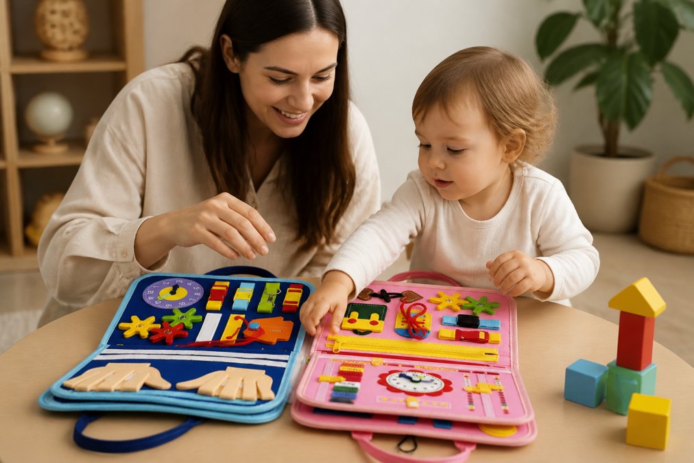 Parent and toddler playing together with wooden toys at a low child-height table, child reaching for colourful blocks in a calm, organised play environment with soft natural lighting