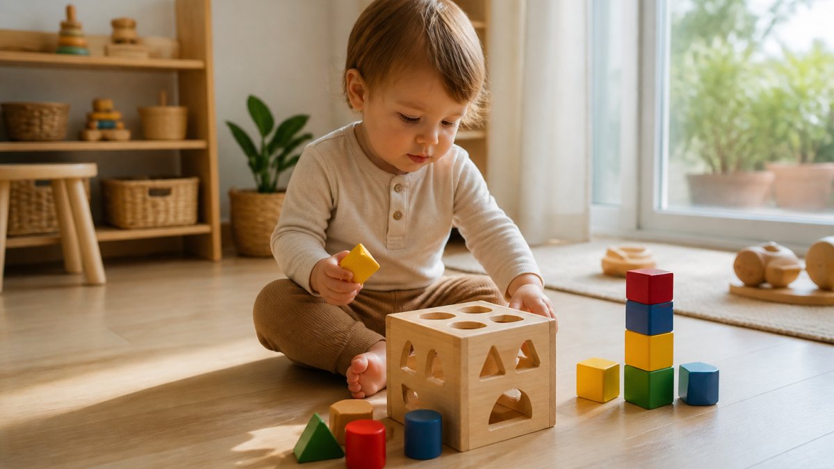 An 18-month-old toddler sitting on a light wooden floor, engaged with colorful wooden shape sorting toys and stacking blocks, natural sunlight streaming through a window