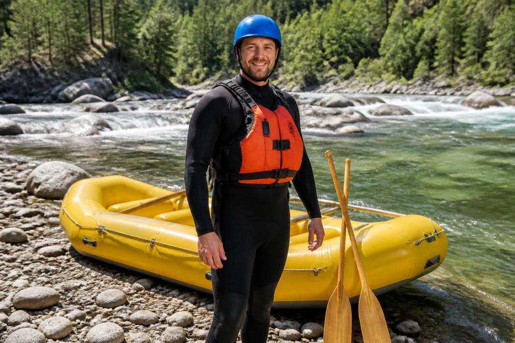 A rafter standing on a sunny riverbank wearing a full wetsuit, snug helmet, and bright orange U.S. Coast Guard approved PFD, with a yellow raft and wooden paddles visible behind them