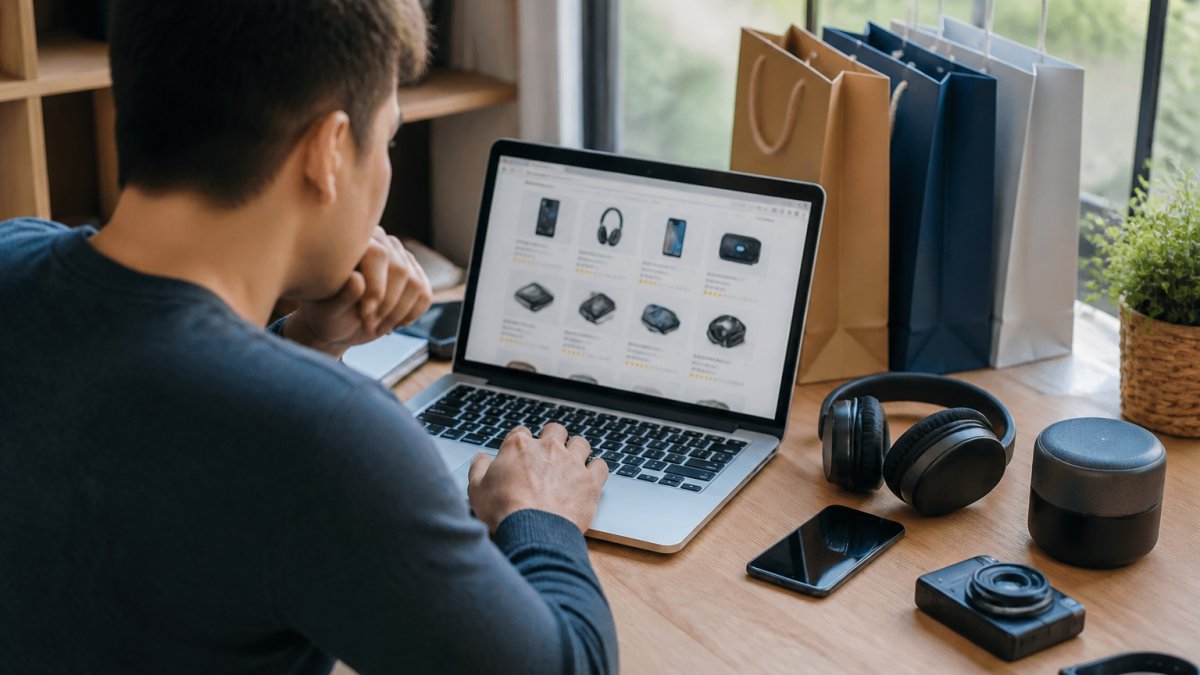 Person sitting at desk with laptop, comparing electronics prices on screen, price-tracking tools visible, shopping bags and gadgets nearby, bright natural lighting from window