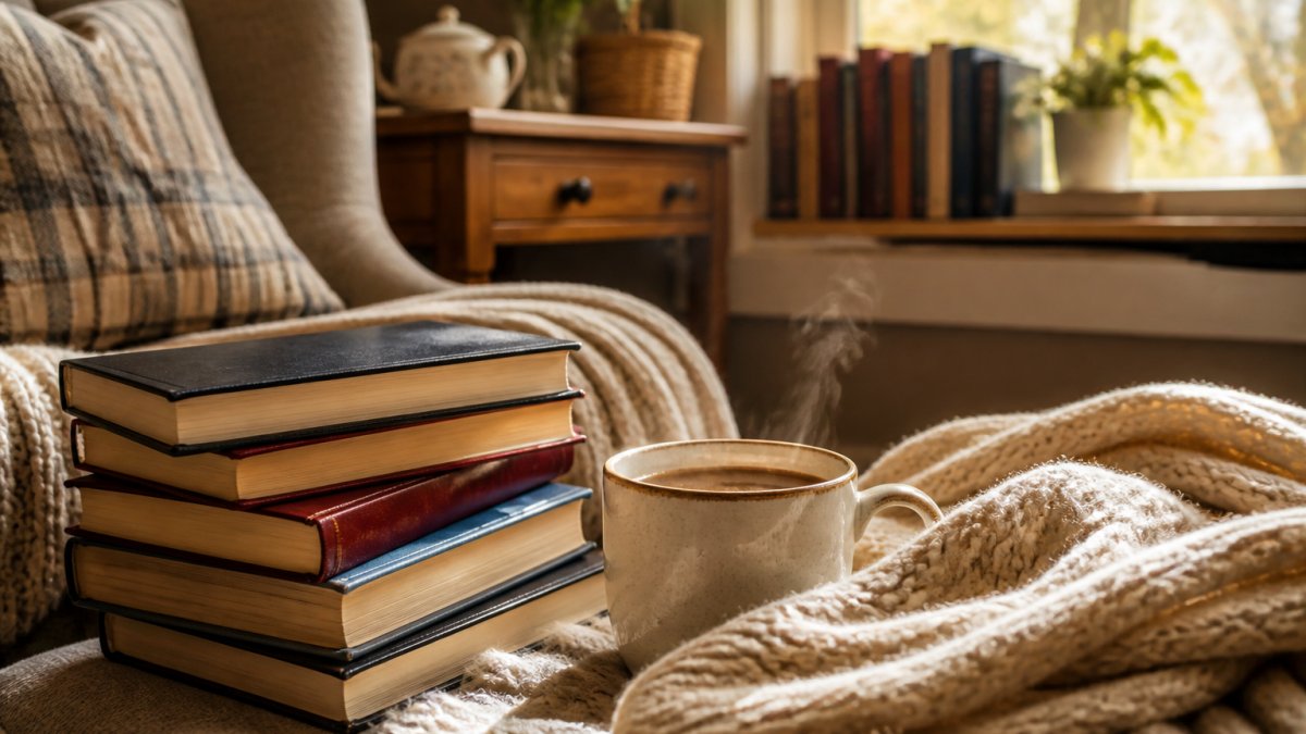 A cozy reading nook with a stack of hardcover cozy mystery novels, a steaming mug of tea, and a soft knitted blanket, warm afternoon light streaming through a window
