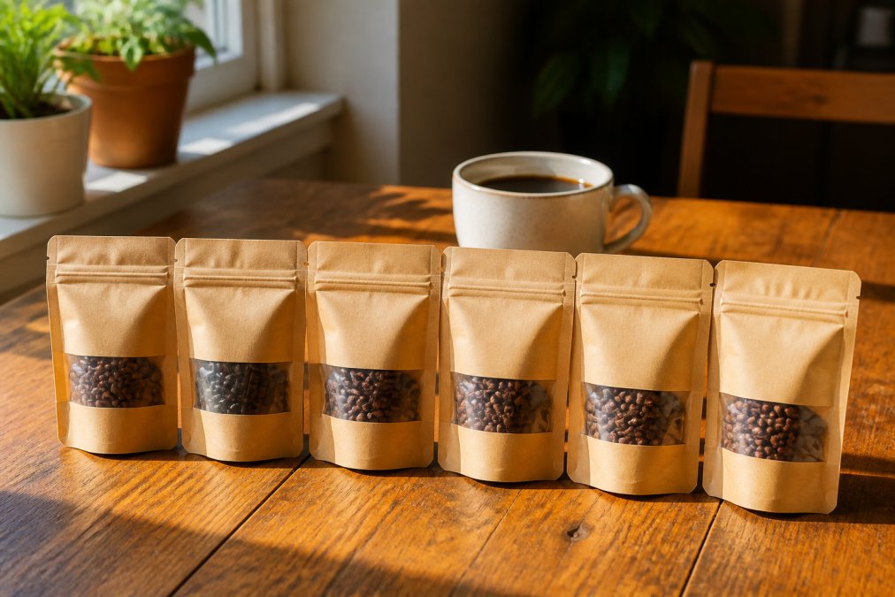Six small labeled coffee sample bags arranged on a wooden table with a freshly brewed cup of dark coffee in the background, warm morning light streaming through a window