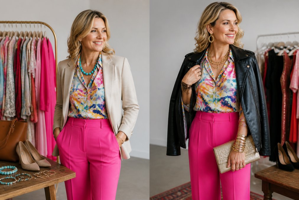 Woman wearing vibrant colorful mood boosting outfit demonstrating daytime casual styling with neutral blazer, transitioning to evening look with bold accessories and layering