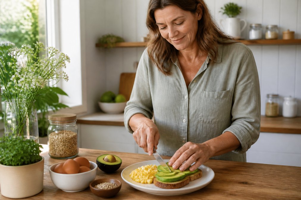 Infographic showing a balanced breakfast of eggs, avocado, and toast to help manage morning blood sugar levels.